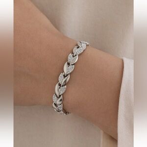 White Gold Plated CZ Leaf Link Bracelet Chunky Chain Sparkle Statement Jewelry